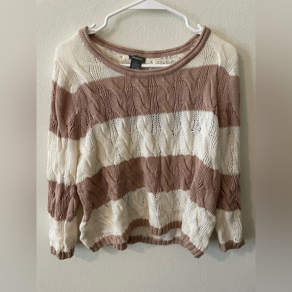 Neiman Marcus Striped Cable Knit Sweater - Cream and Brown